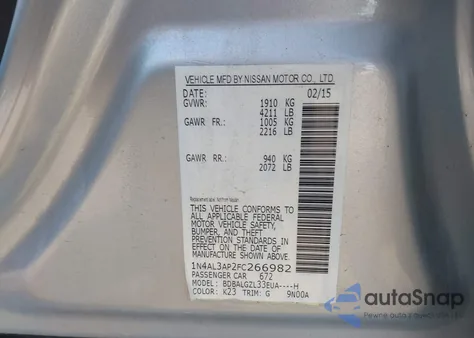 2015 Nissan Altima 2.5 S из США, поврежденный, VIN 1N4AL3AP2FC266982